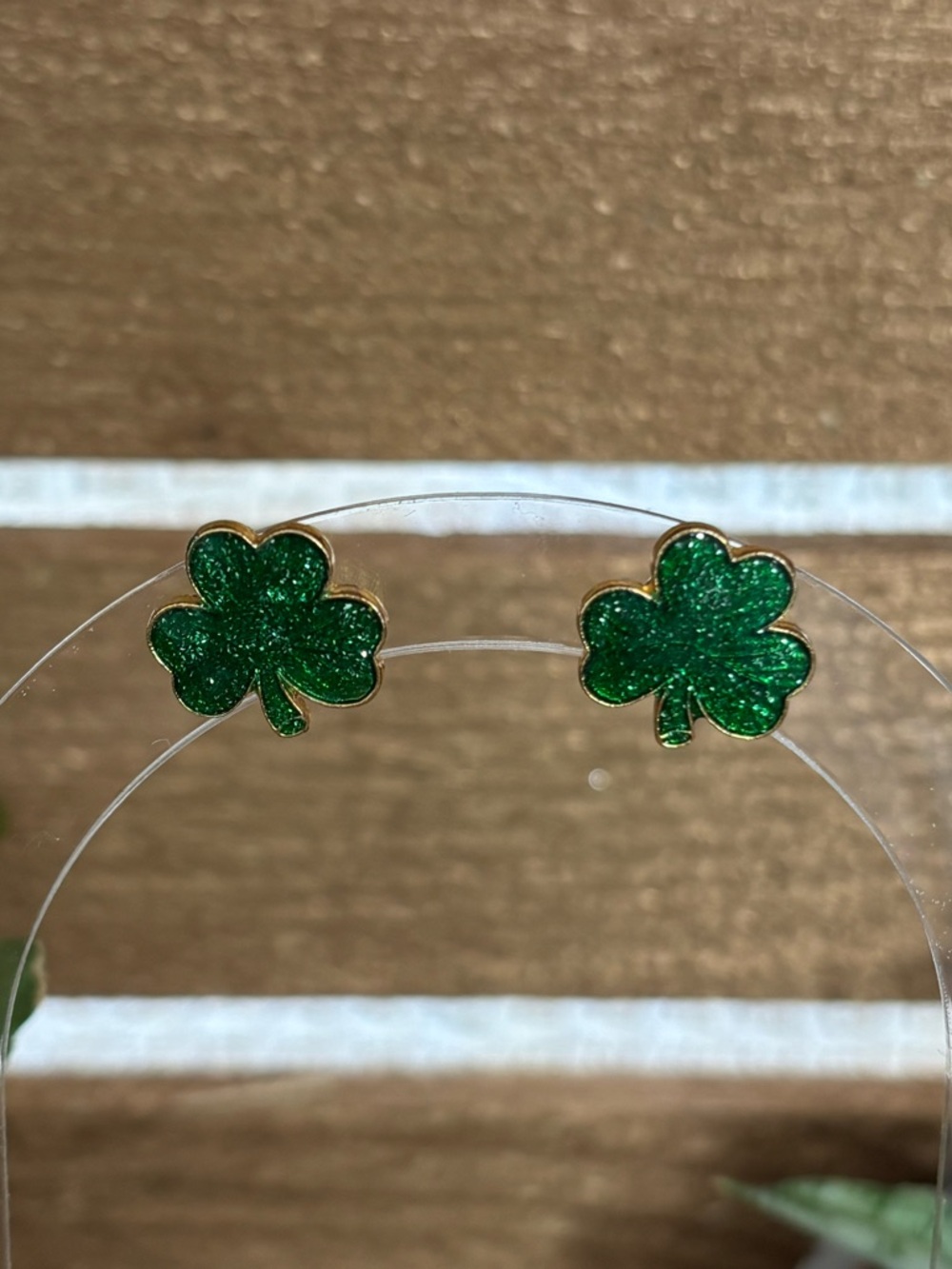 Green Glitter Enamel & Gold Shamrock Stud Earrings Set